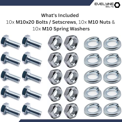 M10 Nut, Bolt & Spring Washer Set - 10 Pack: M10 Bolts, Nuts & Spring Washers, Silver, M10x20 Bolts, M10 Nuts, M10 Spring Washers - Image 2