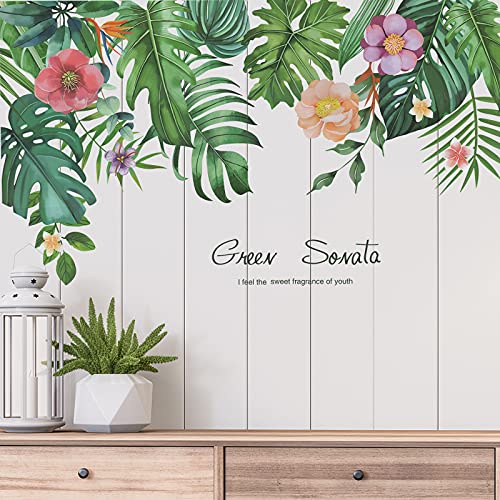 Tropical Leaves Green Plants Wall Stcikers, Dilibra Nature Palm Tree Hanging Banana Leaf And Flowers Wall Decal, Giant Peel And Stick Monstera Murals For Bedroom Living Room Office Home Decor #TOP1