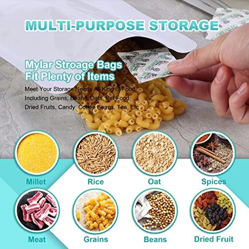 50pcs 1 Gallon Mylar Bags for Food Storage with Oxygen Absorbers 400CC (6 Packs of 10pcs) and Labels, 9.5 Mil 10"x14" Vacuum Sealer Bags Heat Sealable Bags for Long Term Food Storage(Extra Thick