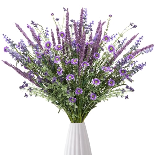 Zythrem 4Pcs Artificia Lavender Flowers Mix Lavender Daisies Bouquets Purple Silk Faux Flowers Spring Artificial Flowers for Wedding Party Table Home Kitchen Garden Grave Outdoor and Indoor