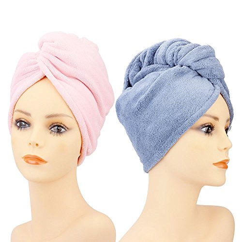 SABUY Microfiber Hair Towel Wrap Turban With the Semiarc Design and 2 Secure Wooden Botton for Women and Kids, 2 Pack, Blue and Pink, 26.8 X 10.6 Inches