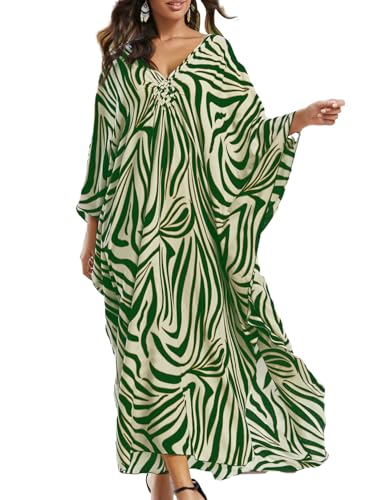 Eddoyee Women Animal Print Kaftan Dress Long Sleeve Beach Bathing Suit Cover Ups V-Neck Plus Size Caftan