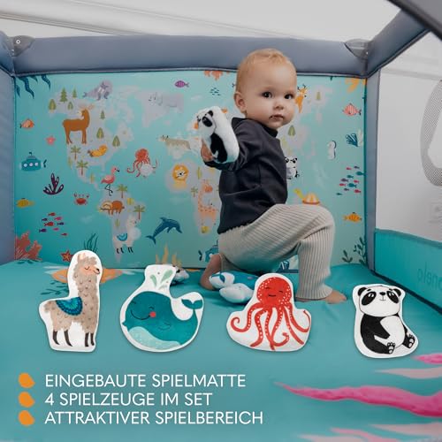 LIONELO MILLE 2-in-1 Baby-Reisebett und Laufstall 100x100 cm bis 15 kg 0-36 Monate Seitlicher Eingang mit Reißverschluss Kinderreisebett mit Matratze Räder mit Bremse einfaches Zusammenklappen