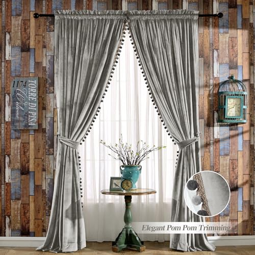 Image of Melodieux Pom Poms Velvet Curtains Extra Wide for Patio Doors, Vintage Luxury Bedroom Living Room Thermal Insulated Rod Pocket Window Drapes, 100 inch W x 84 inch L, Gray (2 Panels)
