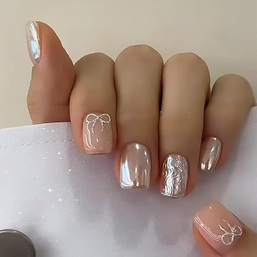24STK Press On Nägel Kurz - Rosa Weiß Schleife Mutter Fingernägel Zum Aufkleben, Künstliche Metallische Fake Nails, Klebe Nagelspitzen, Abnehmbare Drucknägel, Damen Nagel Zubehör