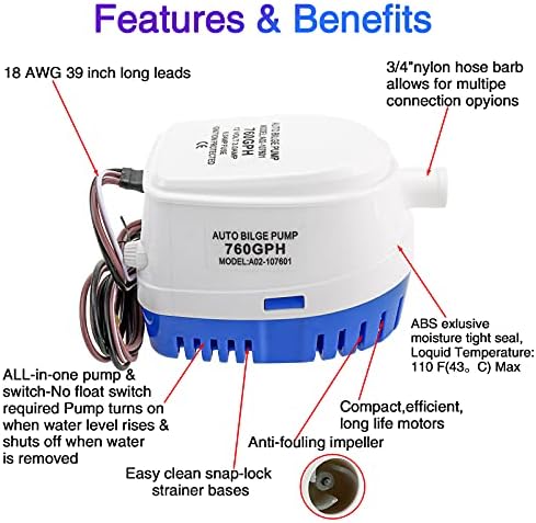 DasMarine 12V Automatic Submersible Boat Bilge Water Pump Built-in Auto Float Switch (760GPH)