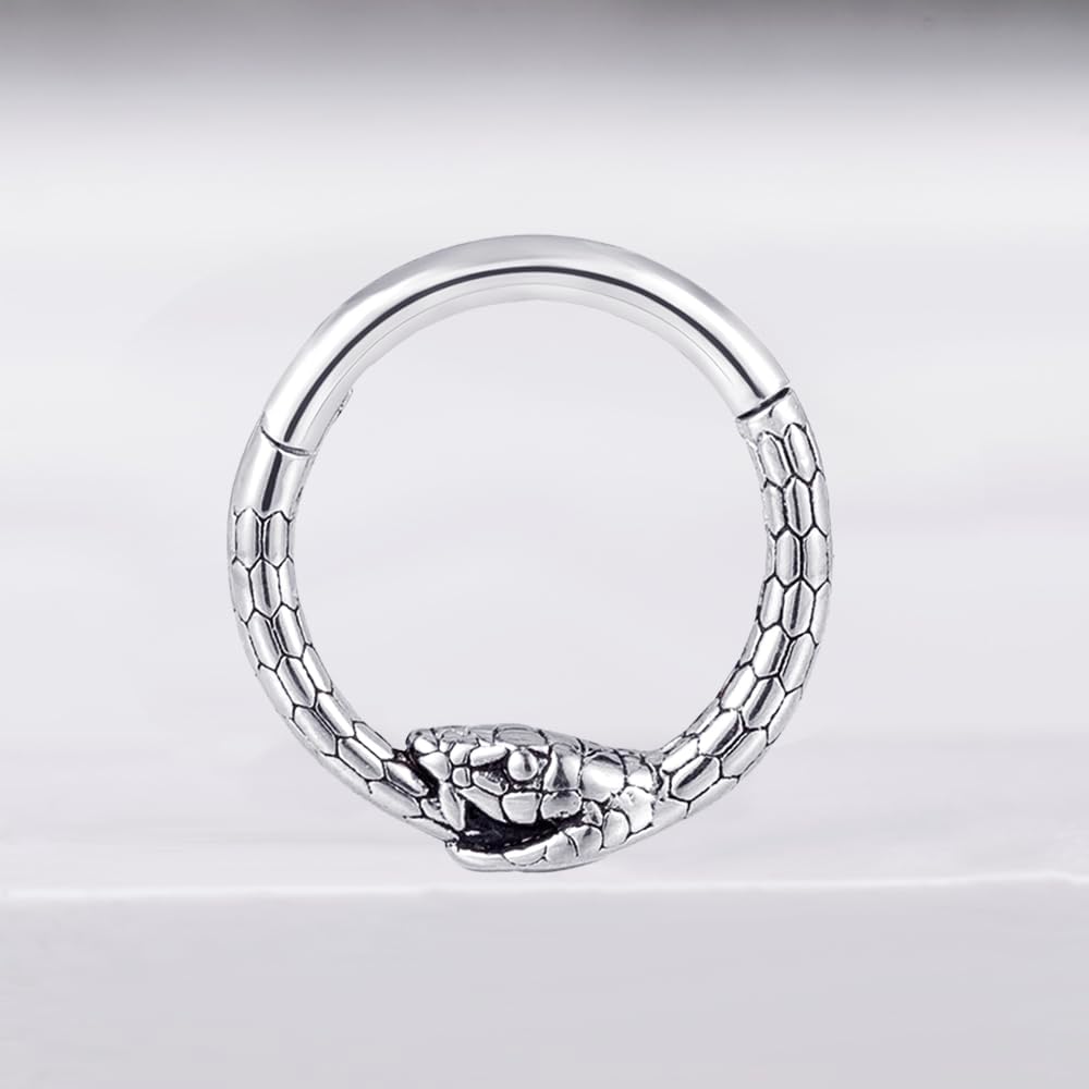 16G Hinged Septum Clicker Nose Ring, Snake Design, 316L Steel