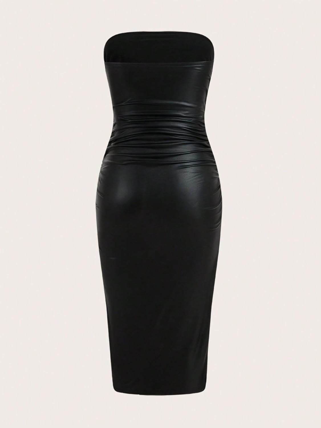 SOLY HUX Sexy Faux Leather Dress for Women Bodycon Strapless Party Club Midi Long Tube Dresses - Image 2