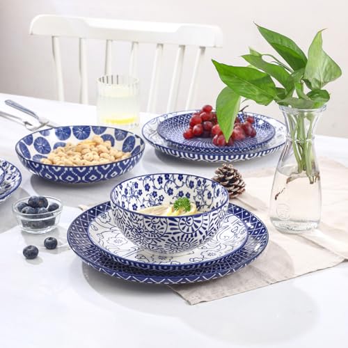 Image of Selamica Ceramic Plates and Bowls Sets,24 Pieces Dinnerware Sets for 6,Scratch Resistant Dish Set for holiday gathering, Dishwasher & Microwave Safe, Vintage Blue