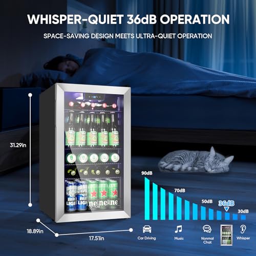 Image of ORYMUSE 3.2 Cu.Ft Beverage Refrigerator, 130 Can Mini Fridge with Glass Door & Digital Temperature Control, Compressor Cooling Freestanding Cooler for Soda, Beer, Wine, Home, Office & Bar - Silver