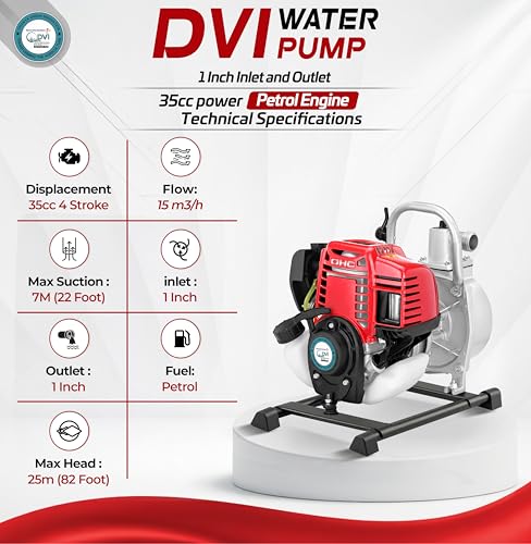 Image of DVI 35CC 4 STROKE 1.5HP PORTABLE PETROL WATER PUMP (1 INCH) WATER PUMP ADVANCED TECHNOLOGY PETROL ENGINE 3600 RPM USED FOR AGRICULTURE, WATER LIFTING, LOW FUEL CONSUPTION | LONG RUNNING LIFE.
