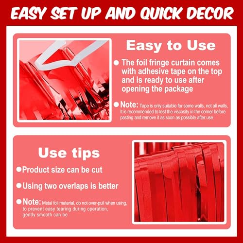 Image of 3 Pack Red Foil Fringe Curtains Backdrop, 3.28 x 9.8 Ft Metallic Streamers Tinsel Curtains Background for Photo Booth, Birthday, Halloween, Christmas, Thanksgiving, New Year Party Decorations