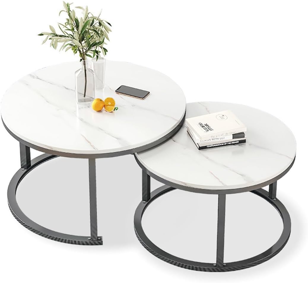Coffee Table Nesting Set of 2 Side Set Golden Frame Circular Round and Marble Pattern Wooden Tea Eating Tables, Center Couch Tablw Living Room Bedroom Apartment Modern Simple Nightstand(Gold frame,70+