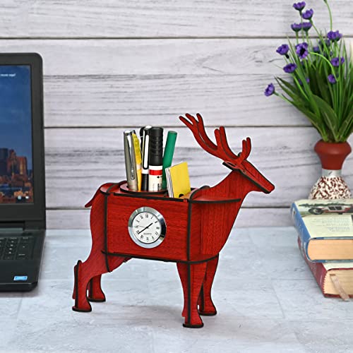 Image of GKD Deer Showpiece & Desk Organizer with Desk Calendar 2024 and Table Clock, 3D Wooden Deer Figurine is Unique Gift and Office Desk Study Table Decoration Items (Eco Friendly Made in India) (Red)