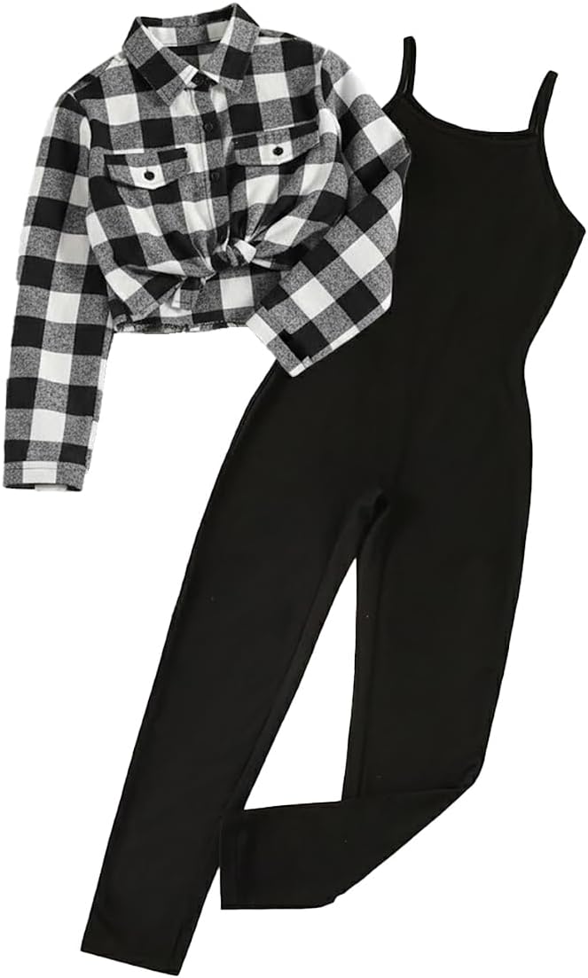 Girls Autumn 2 Piece Outfits Plaid Long Sleeve Button Down Shirt crop Top and Cami Jumpsuit pants set 7-13 Years