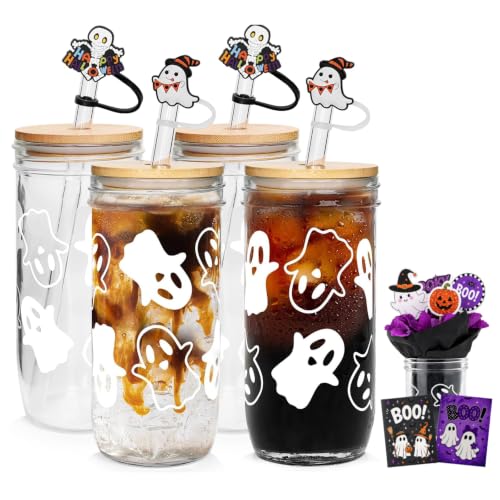 Anotion Ghost Decor 24oz Mason Jar Glass Cups with Lids and Straws - Halloween Tumblers and Coffee Cups - Indoor Decorations