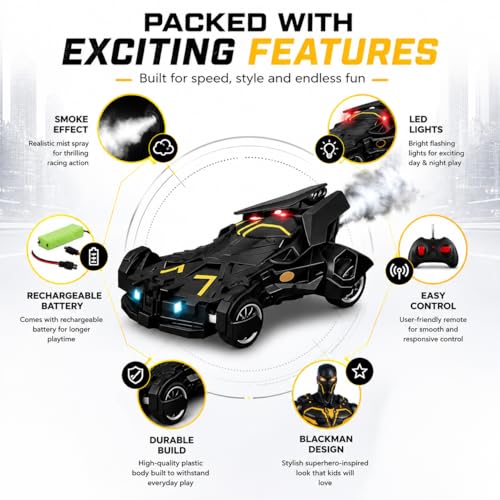 Image of The Flyers Bay Remote Control Car for Kids with Mist Spray Action, Flashing LED Lights, 10ft Control Range, Rechargeable RC Toy Car for Boys & Girls Age 4+ (Batman Smoke Car)