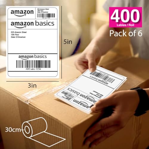 Image of Amazon Basics 70gsm Thermal Label Printer Paper - 3 inch x 5 inch (75 x 125 mm)| Ideal for Shipping, Parcel, Barcode, and Address Labels - 400 Labels per Roll (Pack of 6)