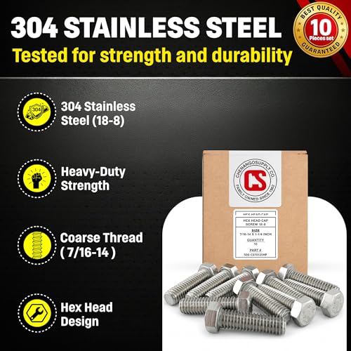Image of Stainless 7 /16-14 x 1-1 /2 inch Hex Head Bolts (3 /4 inch to 5 inch Lengths Available in Listing), 304 Stainless Steel, 10 Pieces (7 /16-14 x 1-1 /2 inch)