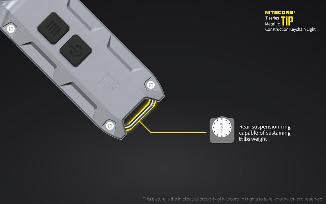 Nitecore TIP keychain flashlight; 360 lumen USB rechargeable; gold color body with EdisonBright brand USB charging cable