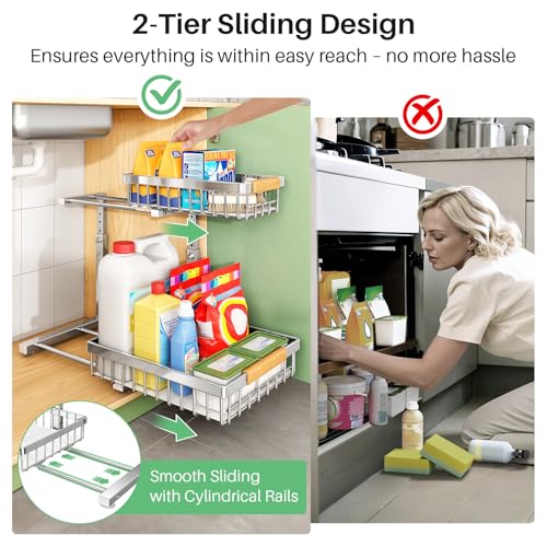 Image of Kitstorack Under Sink Organizer, 2 Tier Under the Sink Storage, Slide out Pull out Cabinet Organizer Shelf, Metal Sliding Drawer for Kitchen Bathroom Pantry Closet Organization Rack, Silver, 1 Pack