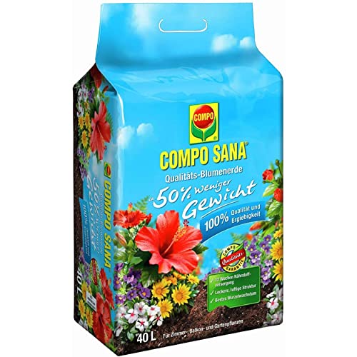 COMPO SANA Qualitäts-Blumenerde mit 12 Wochen Dünger für alle Zimmer-, Balkon- und Gartenpflanzen, 50% weniger Gewicht, Kultursubstrat, 40 Liter, Braun