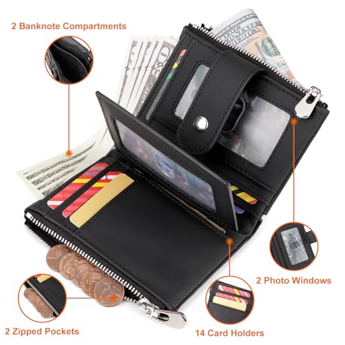 Mens Wallet with Chain, Genuine Leather Wallet RFID Blocking Bifold Purse Zipper Coin Pocket with Anti-Theft Chain3