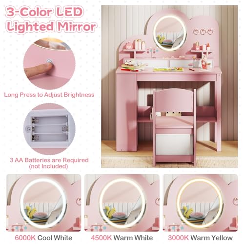 Image of HONEY JOY Kids Vanity with Lights and Open Bookshelf, Cloud Princess Makeup Dressing Desk, Drawers, Wooden Pretend Play Toddler Vanity Table & Chair Set with Lighted Mirror for Little Girls (Pink)