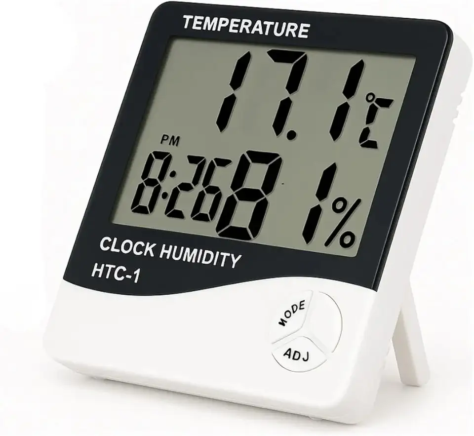 Higrômetro e Termômetro Digital com Relógio, Alarme e Visor LCD – Temperatura e Umidade Interna