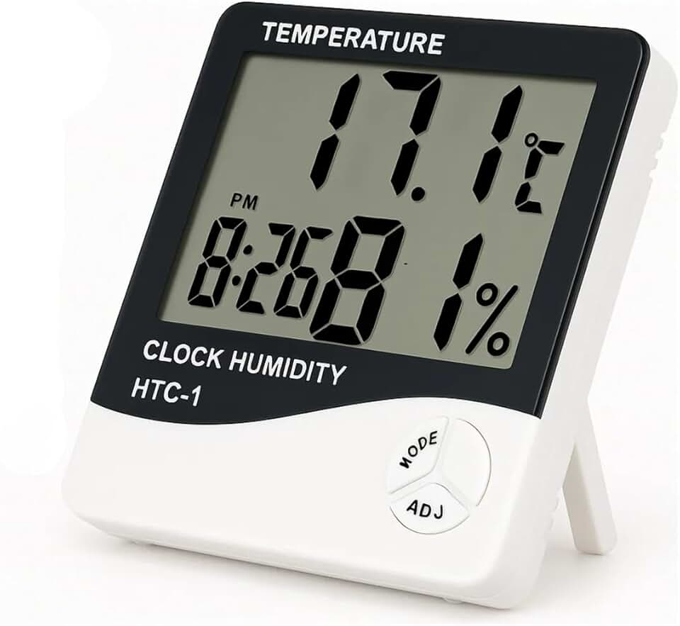 Higrômetro e Termômetro Digital com Relógio, Alarme e Visor LCD – Temperatura e Umidade Interna