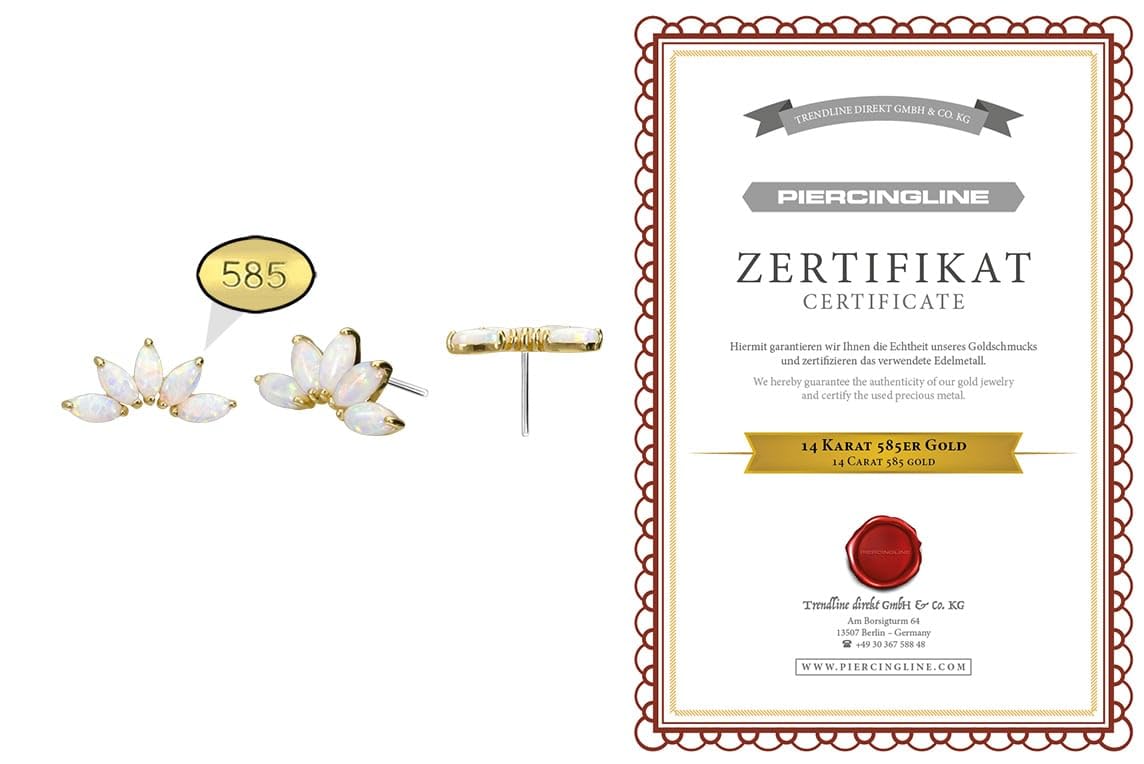 PIERCINGLINE 14 Gold Aufsatz mit Titan Push Pin LOTUSBLÜTE + SYNTHETISCHE OPALE 585er Gold - Roségoldfarben, Goldfarben, Weiß, Silberfarben