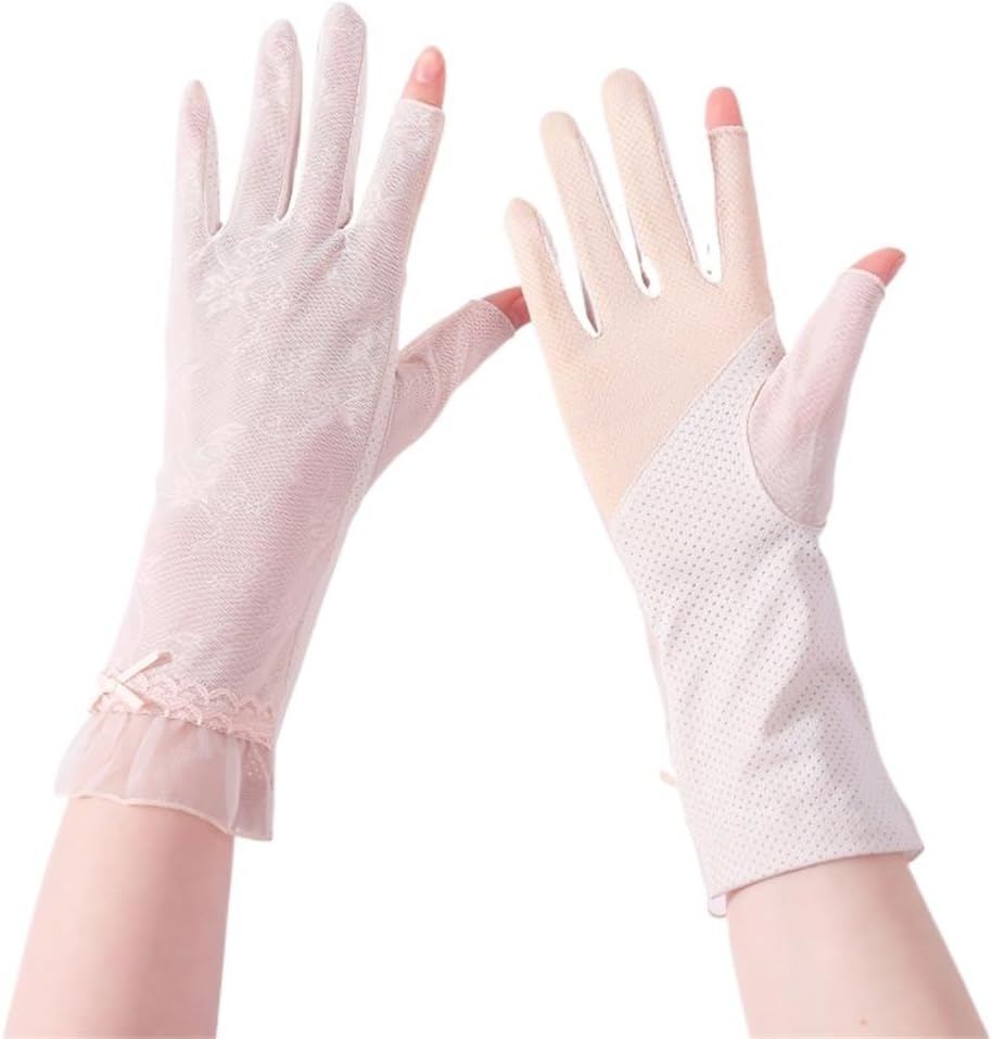 Women's Driving and Riding Elastic Breathable Leak Two-Finger Ice Silk Cool Lace Thin Gloves