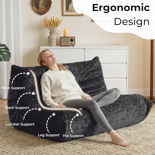 Image of Giant Bean Bag Chairs Loveseat for Adults,2 Seater,Black | Loveseat Fireside Chair, Memory Foam Lazy Bean Bag Couch for Living Room, Bedroom, Dorm, Office