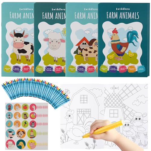 THE TWIDDLERS 12 Mini Libri da Colorare per Bambini, Formato A5-16 Divertenti Disegni Assortiti con 48 Pennarelli e Adesivi Inclusi – Regalini Fine Festa Fai da Te per Bimbi e Bimbe da 4 a 8 Anni