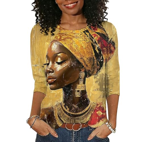 Black History Month Shirts Women Afro African Pride Culture Shirts for Women Melanin 3/4 Sleeve Tops Cotton Crewneck Pullover Blouse
