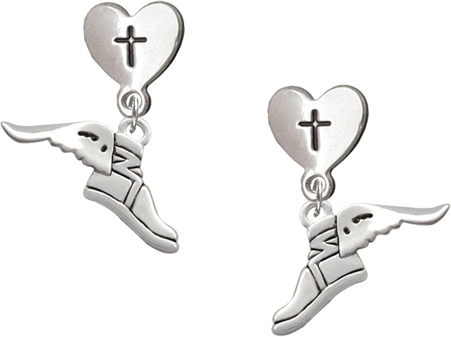 Delight Jewelry Silvertone Winged Shoe - Mascot Cross in Heart Post Dangle Earrings