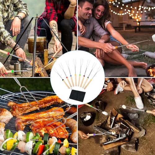Liekadijiae 8 Stück Edelstahl Retractable Grillgabel Mit Holzgriff,Stockbrot Spieße,Grillspieße Lagerfeuer,Lagerfeuer Spieße Lang,Marshmallow Spieße,Für Camping, Gartenparty, Grillparty