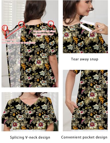 Image of Hospital Gowns for Women Open Back Tear Away Snap Post shoulder Dress Short Sleeve Soft Adaptive Clothing with Pockets