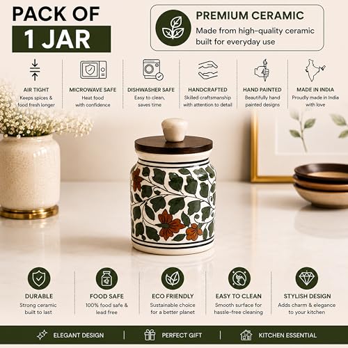 Image of Ceramic Kitchen Jars for Storage | Air Tight Containers with Wooden Lids | Masala, Salt, Pickle, Dry Fruits & Multi Utility Items Organiser Set (Hand-Painted, Green Leaf, 450 ML, Pack of 1)