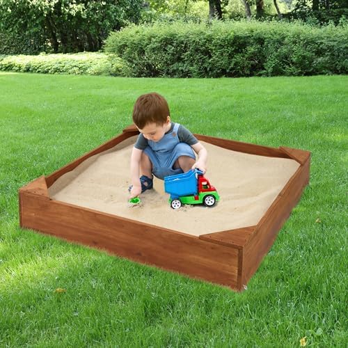 Badger Basket Wooden Sandbox with Benches, Cover & Liner – Natural/Green