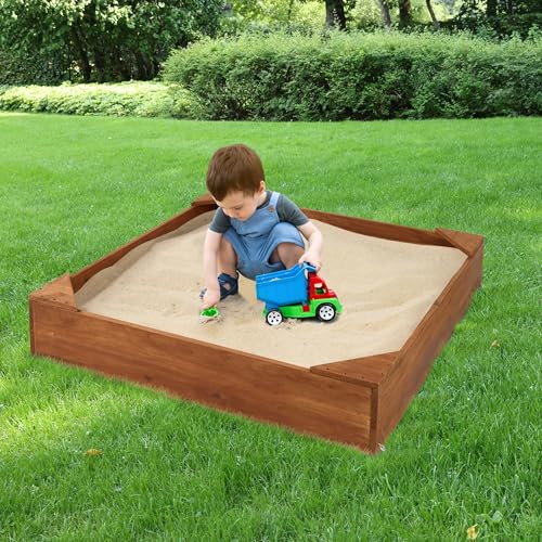 Badger Basket Wooden Sandbox for Kids with Benches, Cover & Liner - Outdoor Sand Pit Backyard Playset for Toddlers and Children, Durable Acacia Wood Sand Box for Digging, Sensory Play - Natural/Green by Badger Basket - Used condition - US$53.95
