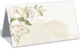 Wedding Fold Over Place Cards - Table Tent - Set of 100 - White Roses Floral Wedding and Newly Weds Accessories, Wedding Planning Supplies, Great for Guest Dinner Table Settings, Blank Stationery