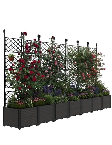 Juego de 7 jardineras elevadas con enrejado, caja de plástico de 295 cm de ancho x 160 cm de alto para plantas trepadoras, jardín vertical para exteriores con pantalla de privacidad para patio, balcón