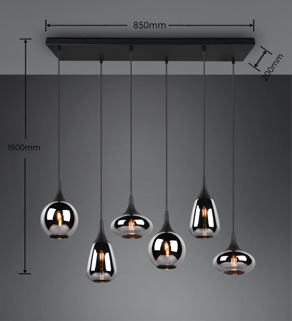 Trio Leuchten Pendelleuchte Lumina 317000632, Metall Schwarz matt, Glas chrom bedampft, exkl. 6x E14, Smoke