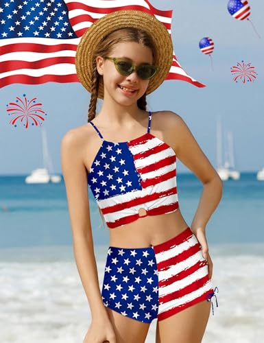 Image of BAVADER Girls Swimsuit 2 Pcs Solid Color Cutout Tankini with Shorts Drawstring Bathing Suit for Girls Swimwear 7-14Y