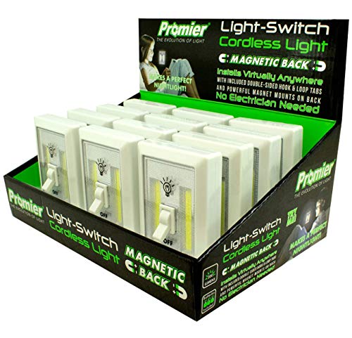 Promier Light Switch - Battery Operated, Cordless, Wireless Light - Super Bright COB LED Technology for Baby Nursery, Dark Hallways, Bedrooms, Closets, RV's. No Wiring (Batteries Included - 12 pack)