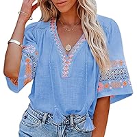 Camisa de Manga Corta con Cuello en V Bordado Boho con Cordón de Borla Blusas Smocked de Media Manga Blusas Sueltas Casuales de Mujer(L-Azul)