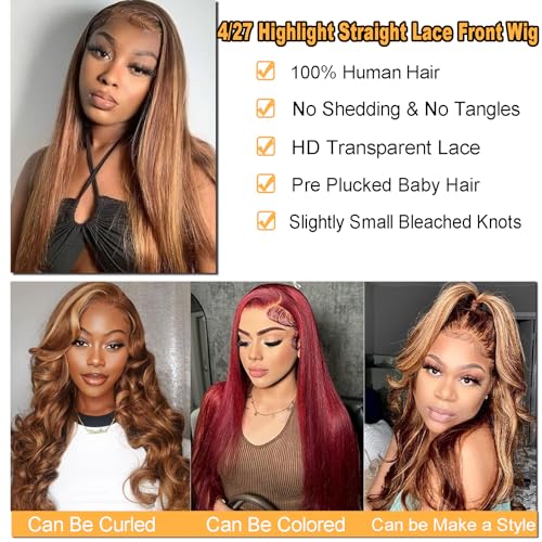 Image of LETMIEO 20 inch Ombre Lace Front Wig Human Hair 13x6 HD Straight Highlight Wig Human Hair 180% Density 4 /27 Colored Honey Blonde Lace Frontal Wigs For Women Glueless Pre Plucked with Baby Hair