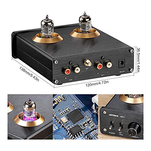 AIYIMA Tube T2 6J1 Tube Preamplifier Bluetooth 5.0 HiFi Vacuum Tube Preamp with Treble & Bass Adjust Audio Preamp for Home Audio Amplifier Theater System+DC 12V Power Adapter(Silver)