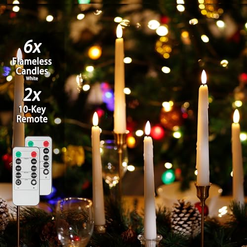 Image of Flameless Taper Candles with Two Rmote, 9.6 inch Dripless Battery Operated Candles, 6 Pack Real Wax Led Flickering Candlesticks with 3D Flame, Fake Candle for Home, Wedding, Party, White